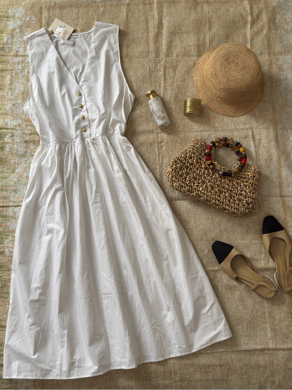 Classic Poplin White Sleeveless Button-Front Midi Dress